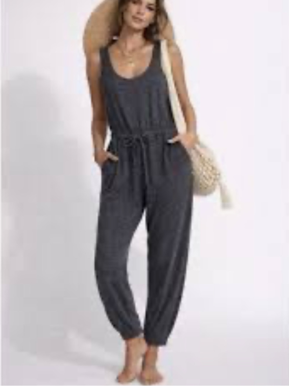 Free People Beach Bicoastal Jumpsuit Romper Jogger Gray Knit Loungewear Size M - Picture 2 of 6